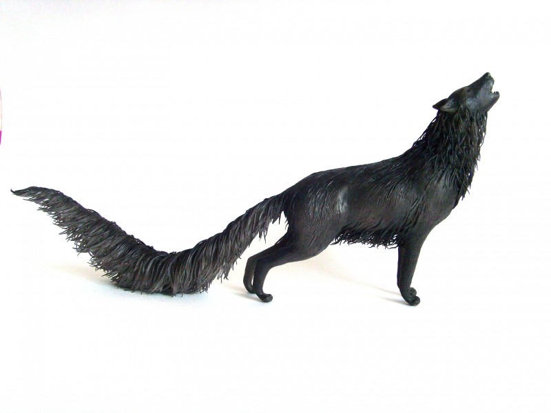 Black wolf statue with air clay by handmade 