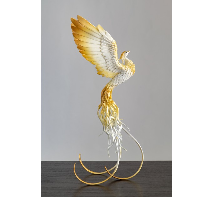 Handmade Phoenix Statue bird made of air clay. White and gold bird