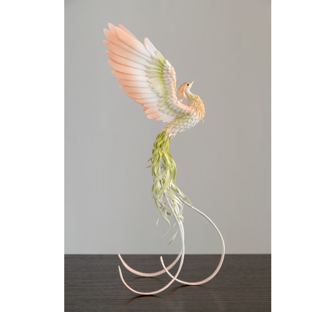 Handmade Phoenix Statue bird made of air clay. Pink and green bird