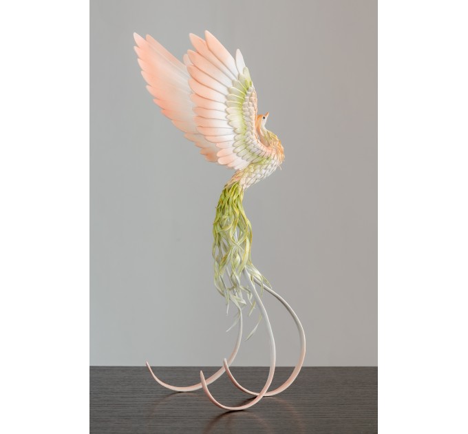 Handmade Phoenix Statue bird made of air clay. Pink and green bird