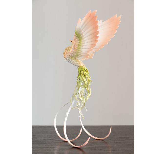 Handmade Phoenix Statue bird made of air clay. Pink and green bird