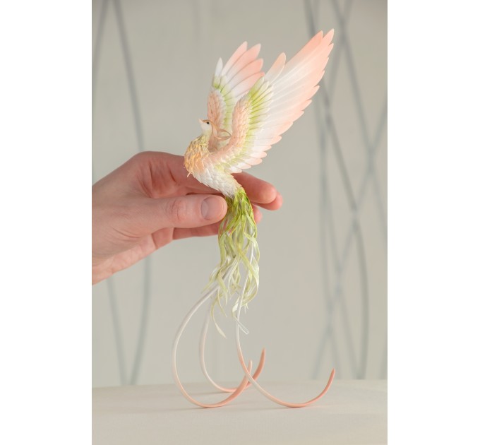 Handmade Phoenix Statue bird made of air clay. Pink and green bird