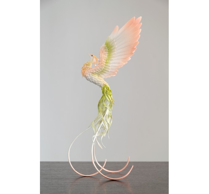 Handmade Phoenix Statue bird made of air clay. Pink and green bird