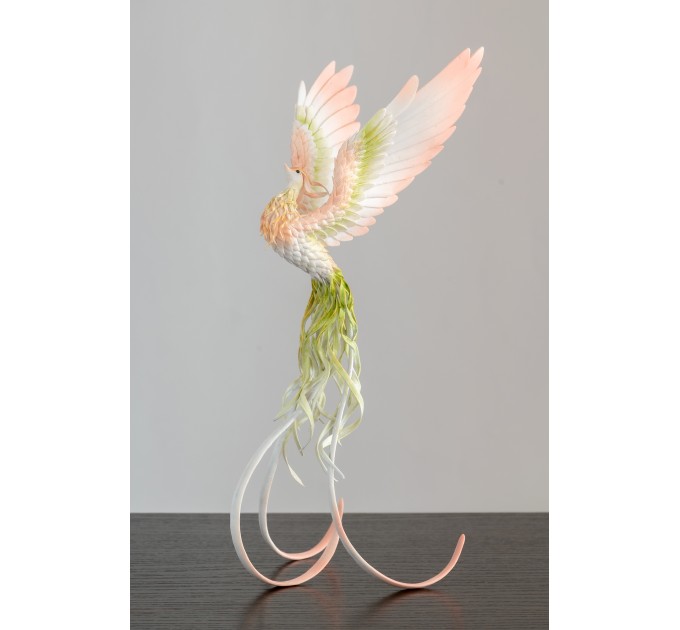 Handmade Phoenix Statue bird made of air clay. Pink and green bird