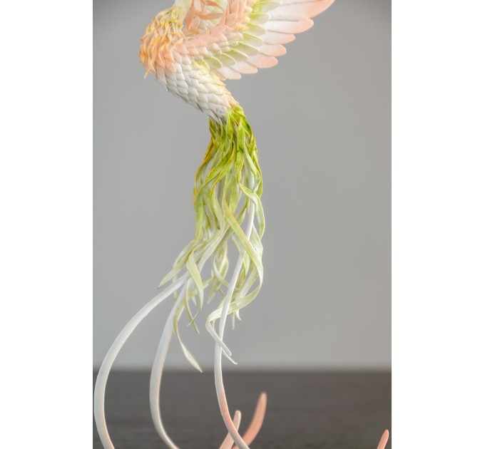 Handmade Phoenix Statue bird made of air clay. Pink and green bird