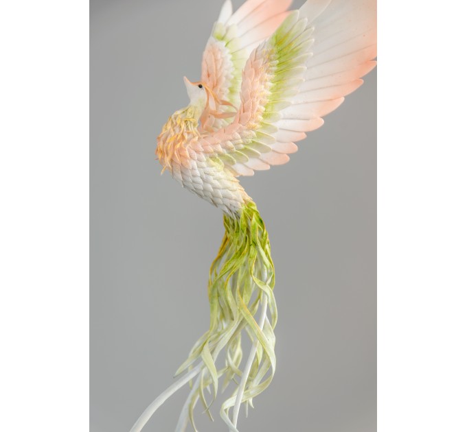 Handmade Phoenix Statue bird made of air clay. Pink and green bird