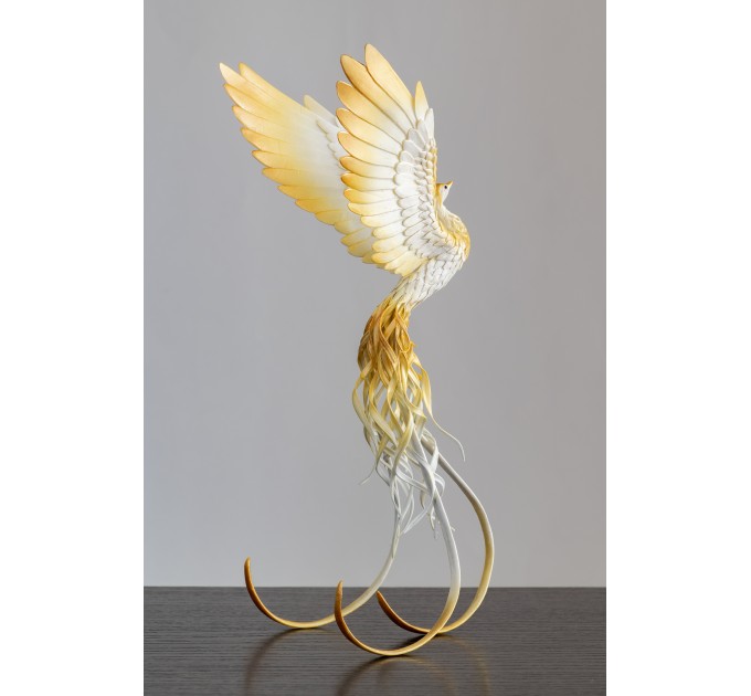 Handmade Phoenix Statue bird made of air clay. White and gold bird
