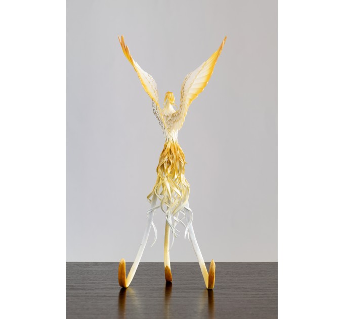Handmade Phoenix Statue bird made of air clay. White and gold bird
