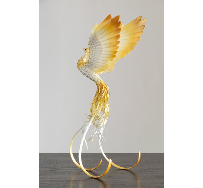 Handmade Phoenix Statue bird made of air clay. White and gold bird