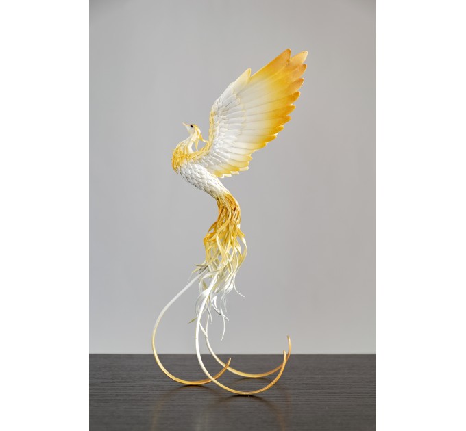 Handmade Phoenix Statue bird made of air clay. White and gold bird