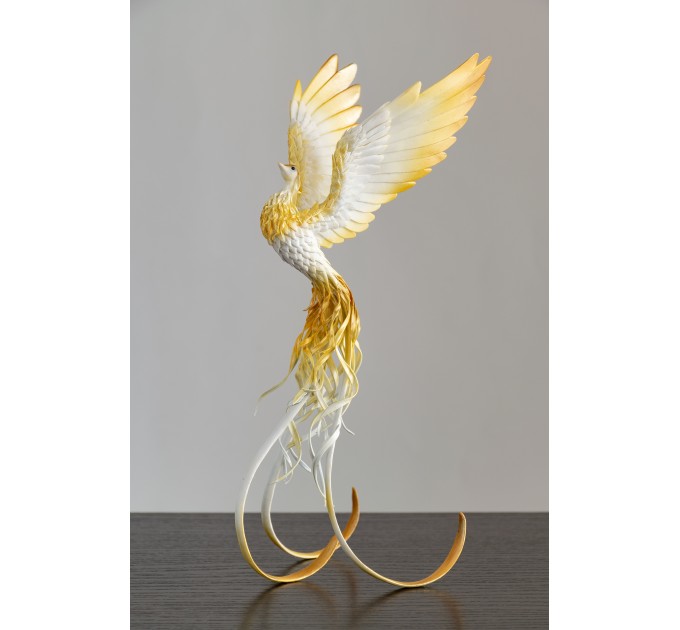 Handmade Phoenix Statue bird made of air clay. White and gold bird