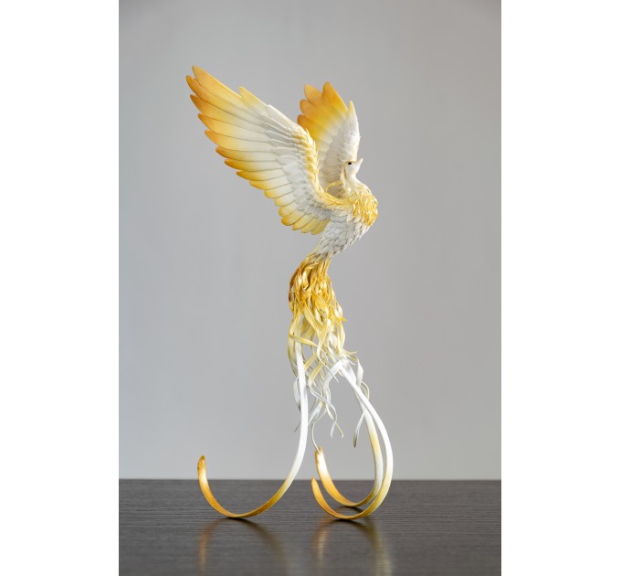 Handmade Phoenix Statue bird made of air clay. White and gold bird
