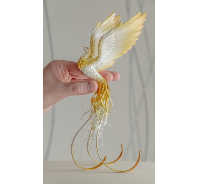 Handmade Phoenix Statue bird made of air clay. White and gold bird