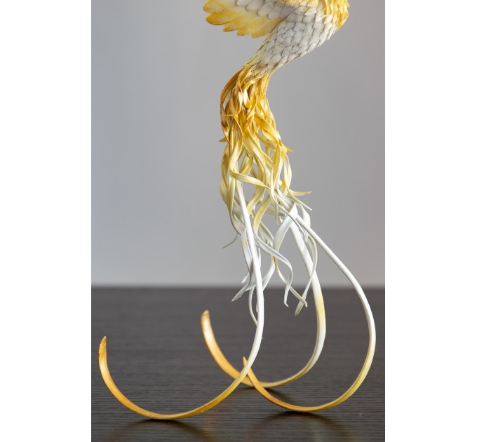 Handmade Phoenix Statue bird made of air clay. White and gold bird
