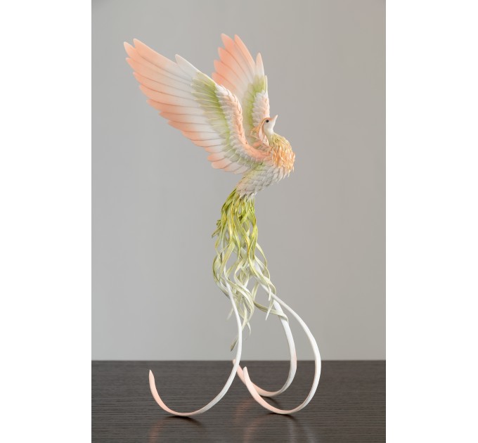 Handmade Phoenix Statue bird made of air clay. Pink and green bird
