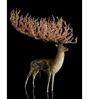 Handmade White stag statue with sacura, handmade One-of-a-kind