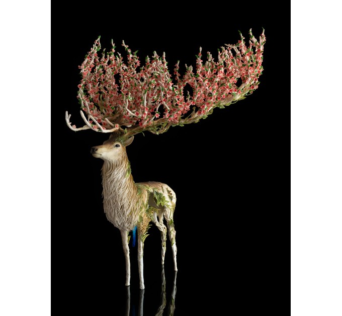 Handmade White stag statue with sacura, handmade One-of-a-kind 