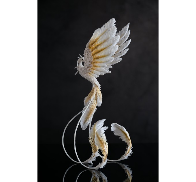 Handmade Gold and wite phoenix Statue bird made of air clay. White and gold bird