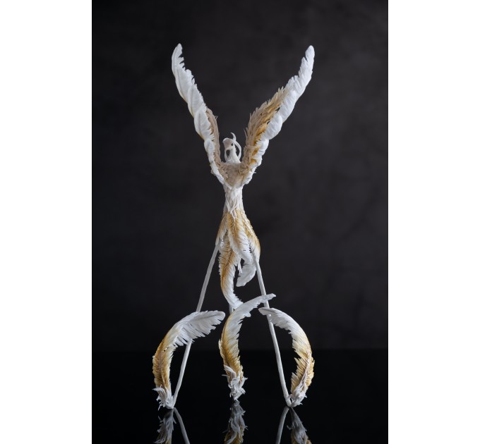 Handmade Gold and wite phoenix Statue bird made of air clay. White and gold bird