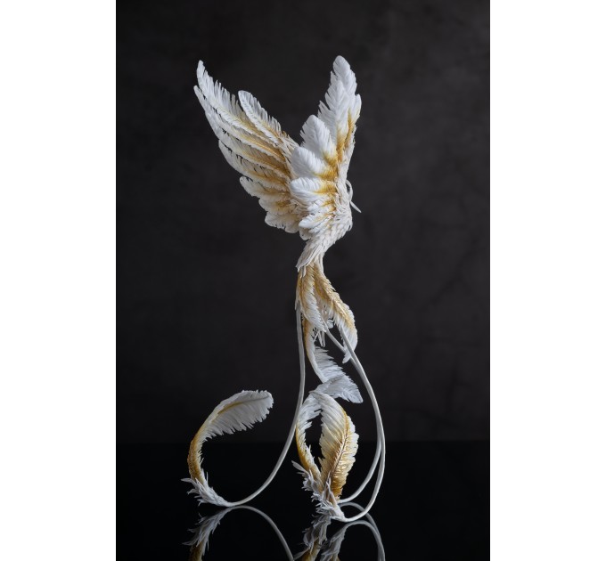 Handmade Gold and wite phoenix Statue bird made of air clay. White and gold bird