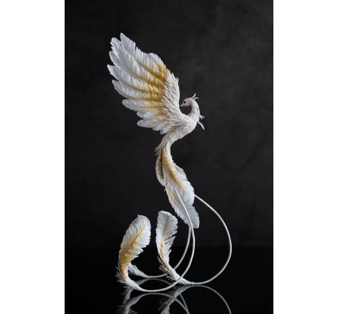 Handmade Gold and wite phoenix Statue bird made of air clay. White and gold bird