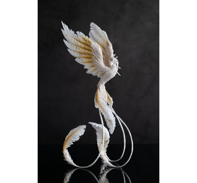 Handmade Gold and wite phoenix Statue bird made of air clay. White and gold bird