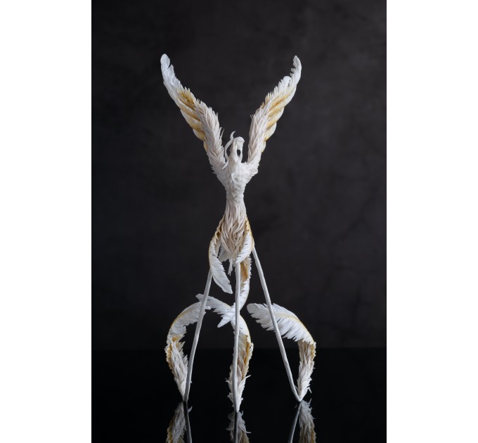 Handmade Gold and wite phoenix Statue bird made of air clay. White and gold bird