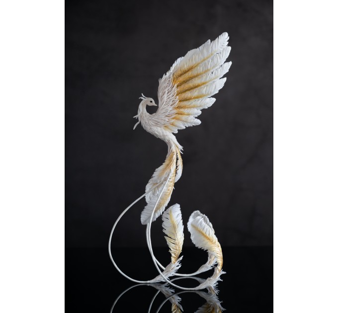 Handmade Gold and wite phoenix Statue bird made of air clay. White and gold bird