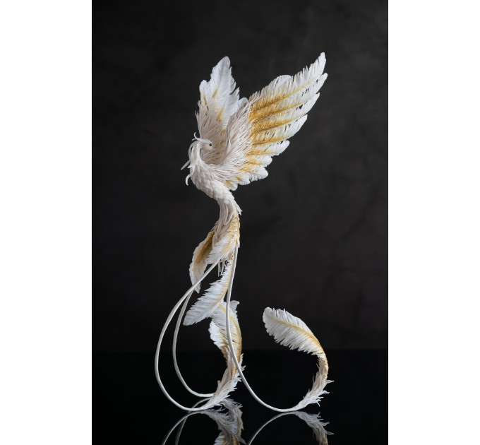 Handmade Gold and wite phoenix Statue bird made of air clay. White and gold bird