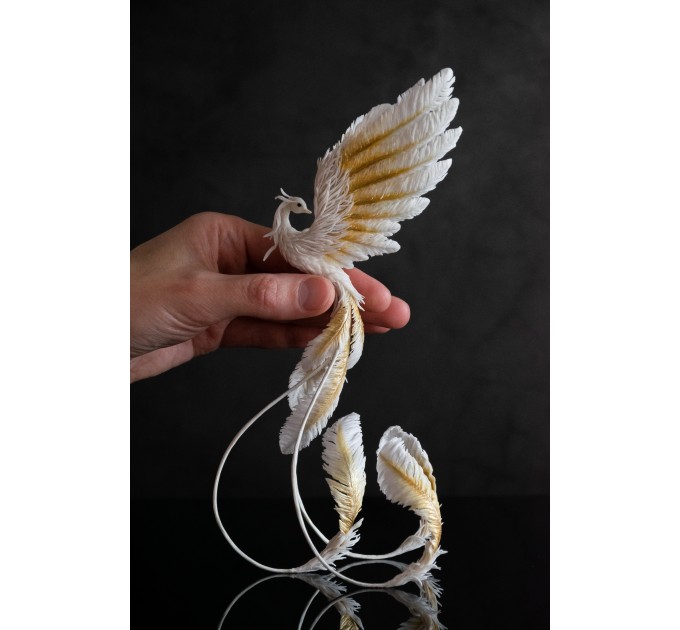 Handmade Gold and wite phoenix Statue bird made of air clay. White and gold bird