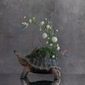 Handmade tortoise statue with flowers peony and hummingbirds figurines