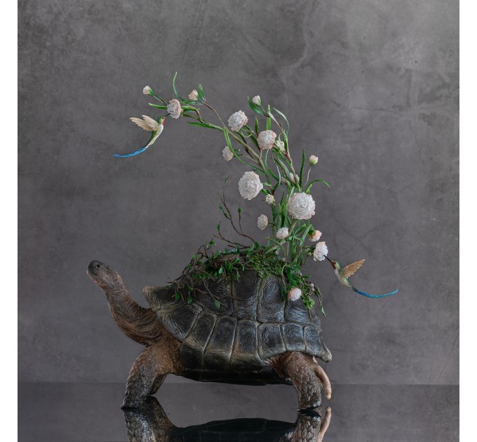 Handmade tortoise statue with flowers peony and hummingbirds figurines