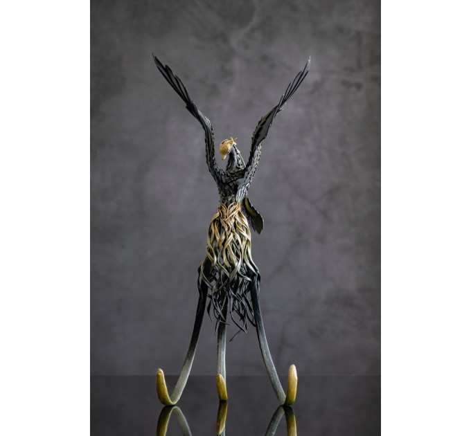 Handmade Black phoenix Statue bird made of air clay. Fire bird