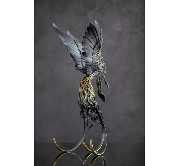 Handmade Black phoenix Statue bird made of air clay. Fire bird