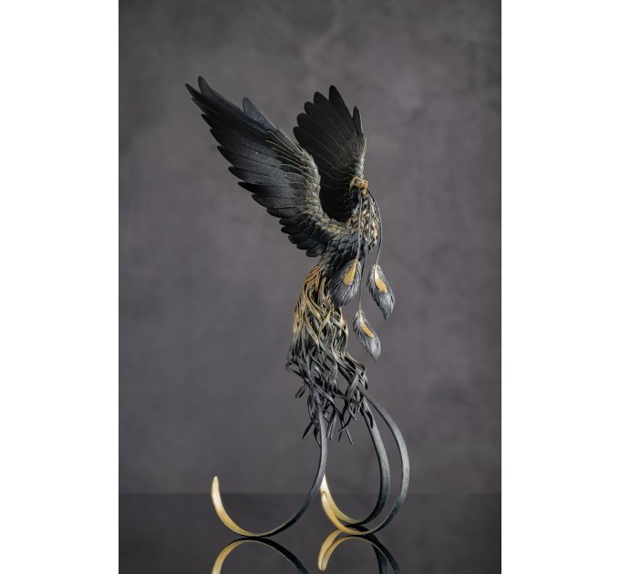 Handmade Black phoenix Statue bird made of air clay. Fire bird