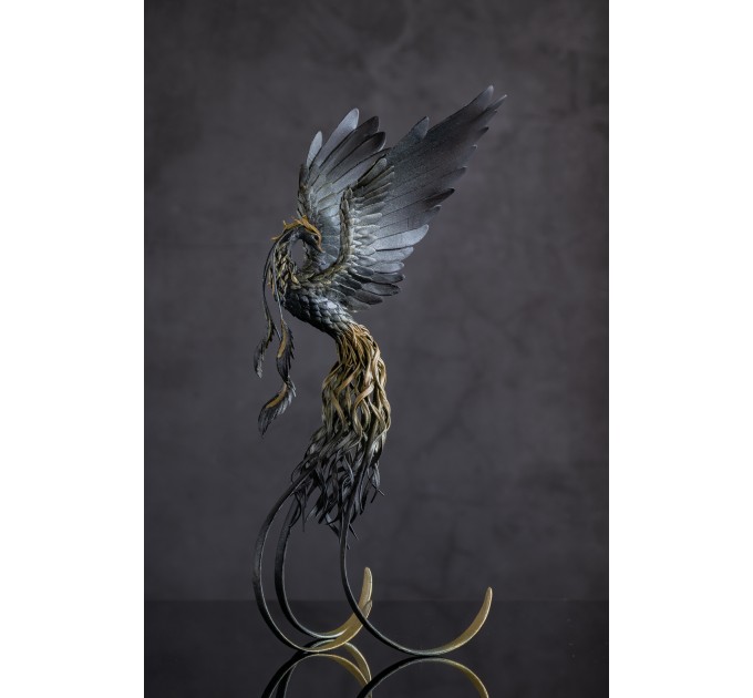 Handmade Black phoenix Statue bird made of air clay. Fire bird