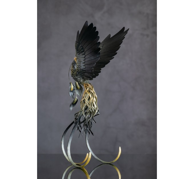 Handmade Black phoenix Statue bird made of air clay. Fire bird