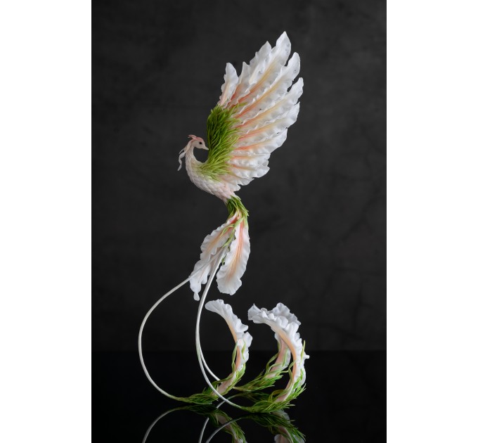 Handmade Phoenix Statue bird made of air clay. Pink and green bird