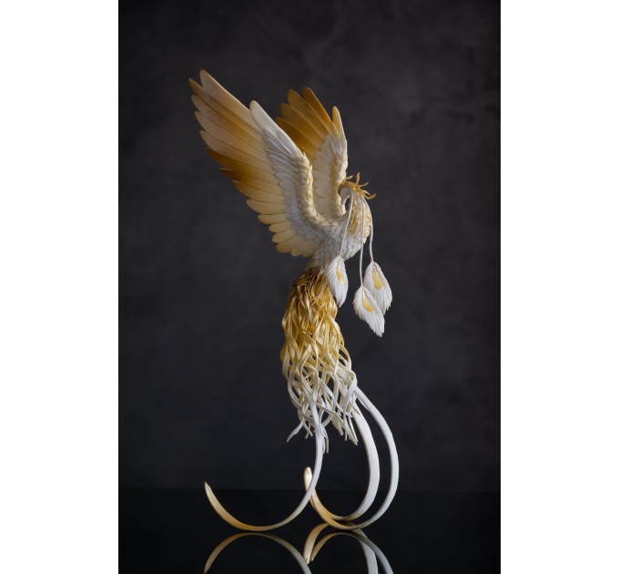 Handmade Gold and wite phoenix Statue bird made of air clay. White and gold bird