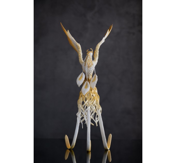 Handmade Gold and wite phoenix Statue bird made of air clay. White and gold bird