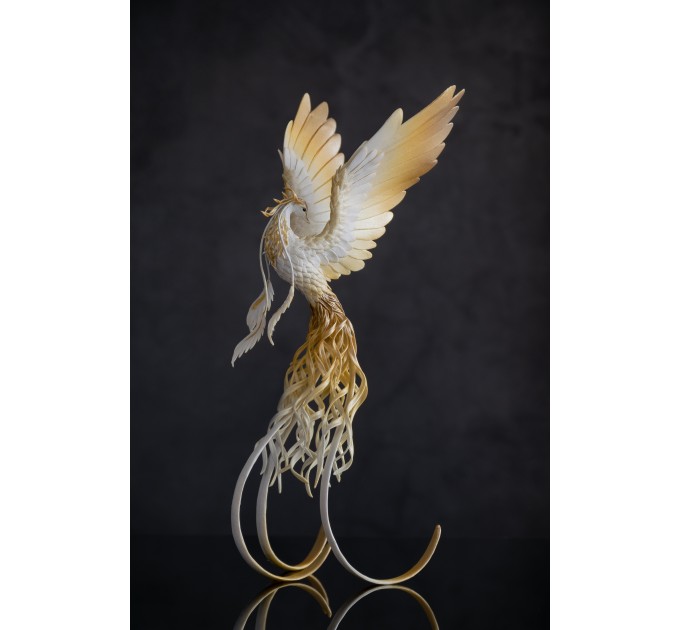 Handmade Gold and wite phoenix Statue bird made of air clay. White and gold bird