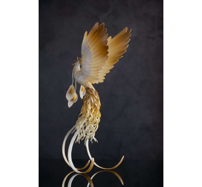 Handmade Gold and wite phoenix Statue bird made of air clay. White and gold bird