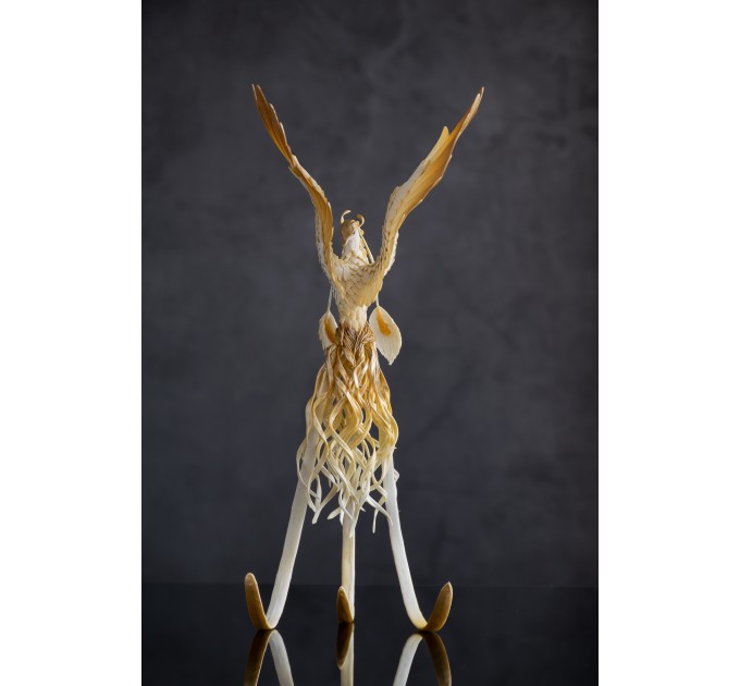 Handmade Gold and wite phoenix Statue bird made of air clay. White and gold bird