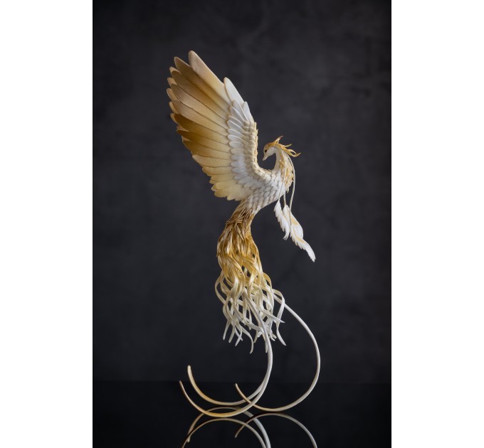 Handmade Gold and wite phoenix Statue bird made of air clay. White and gold bird