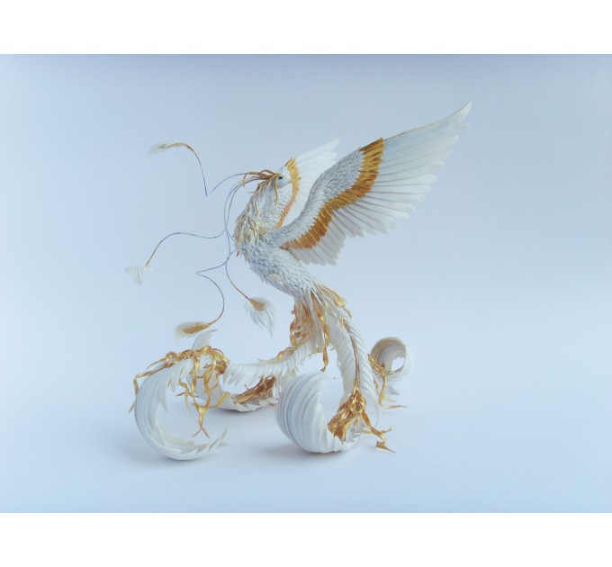 Handmade Gold and wite phoenix Statue bird made of air clay. White and gold bird