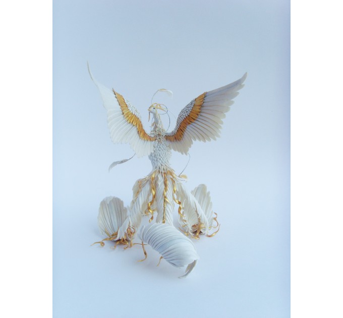 Handmade Gold and wite phoenix Statue bird made of air clay. White and gold bird