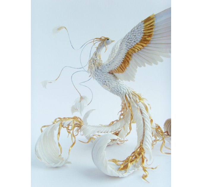 Handmade Gold and wite phoenix Statue bird made of air clay. White and gold bird