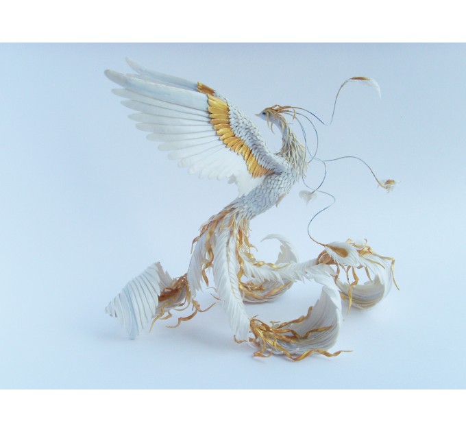 Handmade Gold and wite phoenix Statue bird made of air clay. White and gold bird