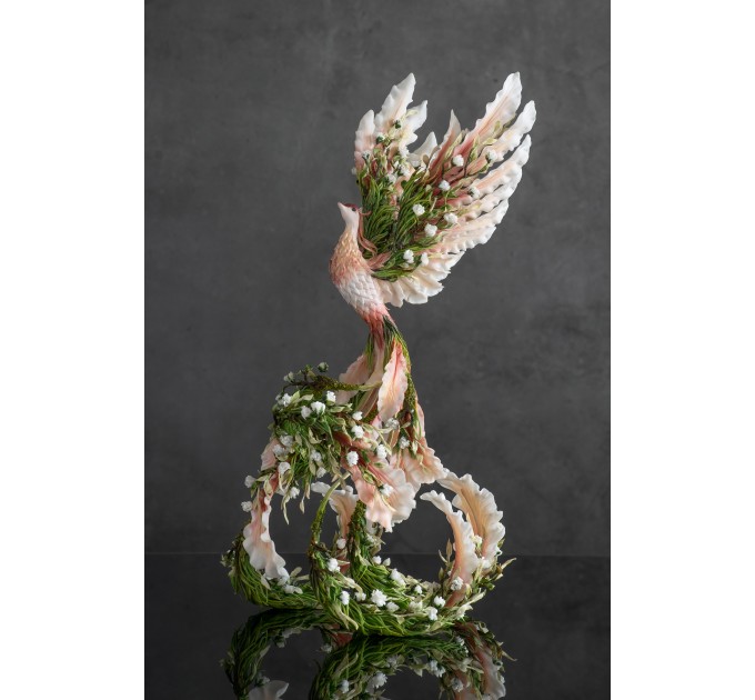 Handmade Phoenix Statue bird made of clay. Pink and green bird