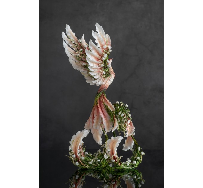 Handmade Phoenix Statue bird made of clay. Pink and green bird